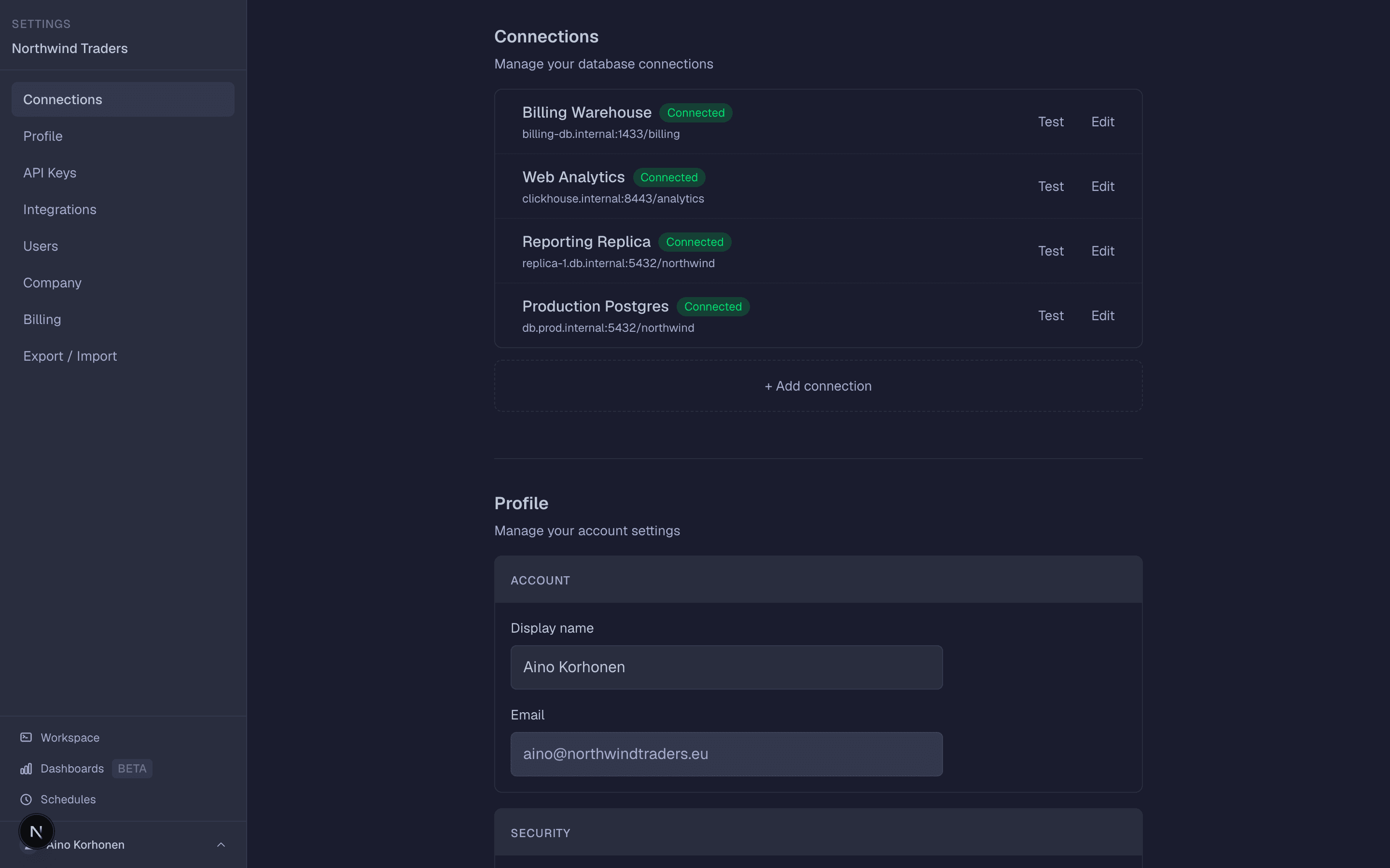 The connections page in SaturnSQL settings, listing four databases with Connected badges and Test and Edit actions