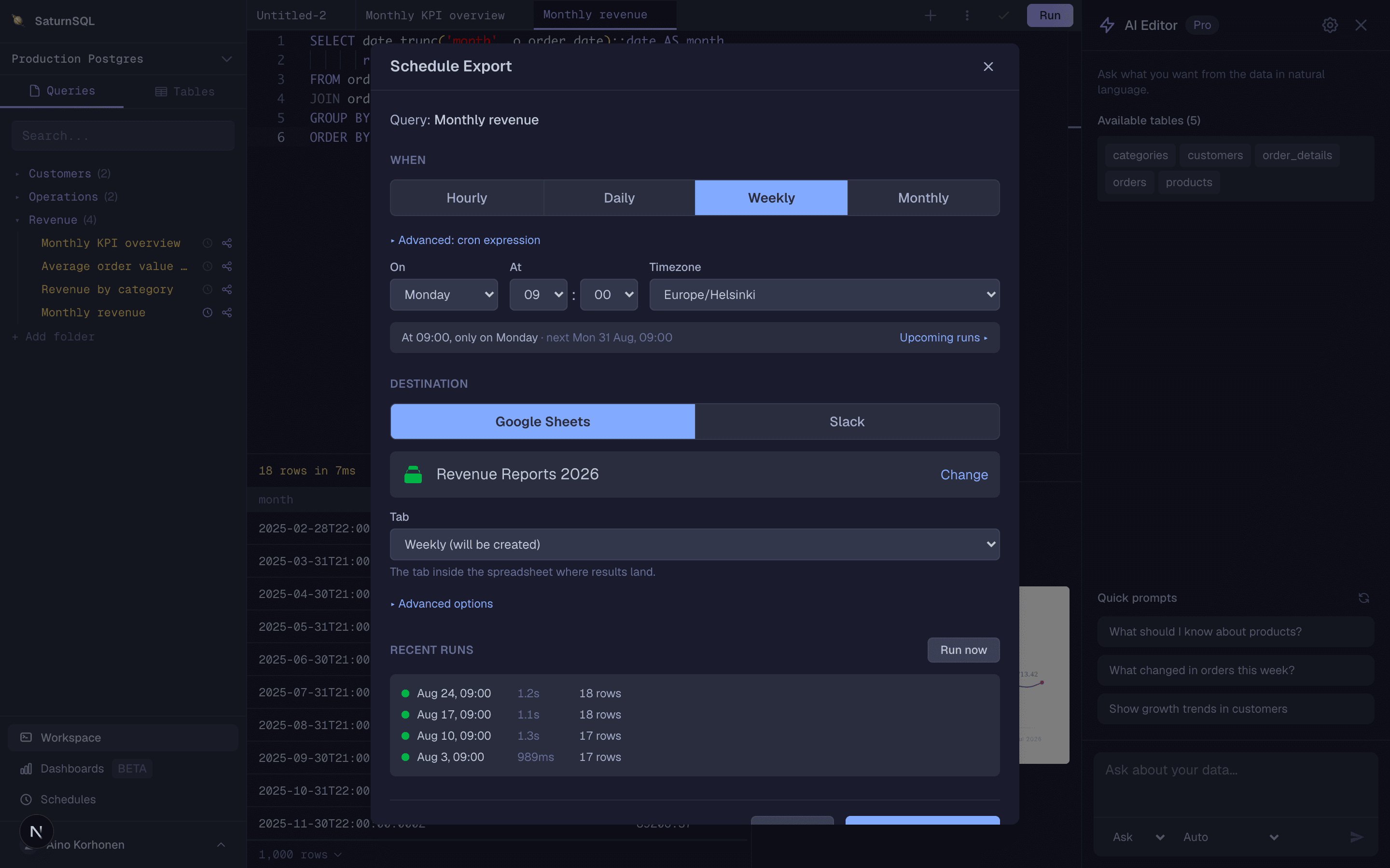 SaturnSQL's Schedule Export panel with hourly, daily, weekly, and monthly presets, an advanced cron expression option, and a timezone picker