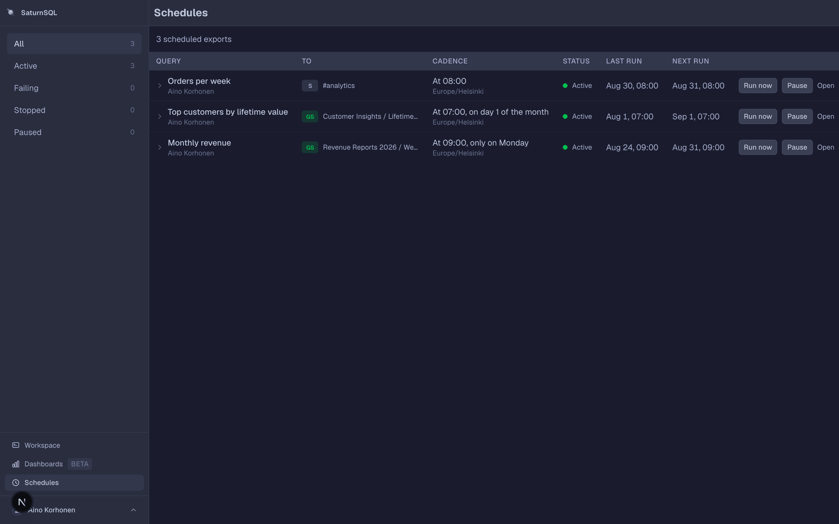 The Schedules page in SaturnSQL listing three scheduled exports with cadence, status, last run, next run, and Run now buttons